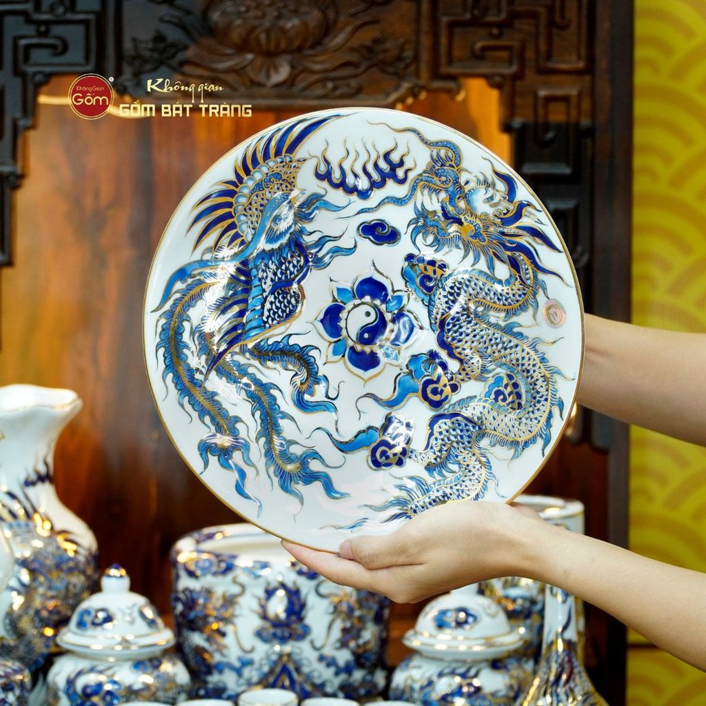 Bộ Đồ Thờ Thần Tài Thổ Địa (Cơ Bản 9 Món) Men Lam Nổi Vẽ Vàng