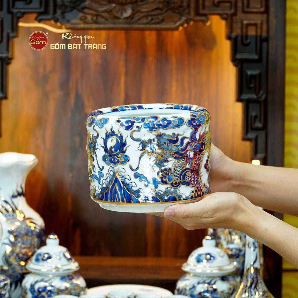 Bộ Đồ Thờ Thần Tài Thổ Địa (Cơ Bản 9 Món) Men Lam Nổi Vẽ Vàng