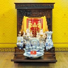 Bộ Đồ Thờ Thần Tài Thổ Địa (Cao Cấp 12 Món) Men Lam Vẽ Vàng