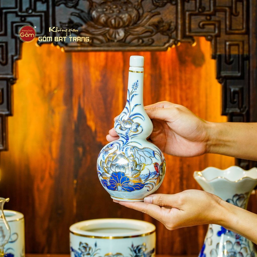 Bộ Đồ Thờ Thần Tài Thổ Địa (Cơ Bản 9 Món) Men Lam Vẽ Vàng