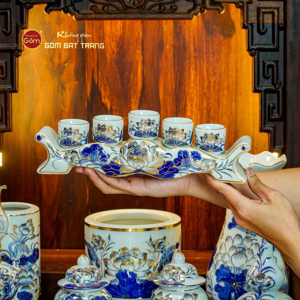 Bộ Đồ Thờ Thần Tài Thổ Địa (Cơ Bản 9 Món) Men Lam Vẽ Vàng