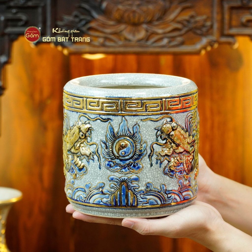 Bộ Đồ Thờ Thần Tài Thổ Địa (Cơ Bản 9 Món) Men Rạn Vẽ Vàng