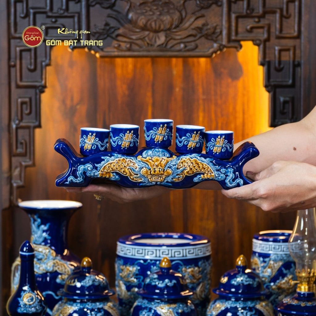 Bộ Đồ Thờ Thần Tài Thổ Địa (Cơ Bản 9 Món) Men Xanh Coban