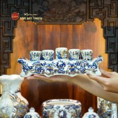 Bộ Đồ Thờ Thần Tài Thổ Địa (Cơ Bản 9 Món) Men Lam Nổi Vẽ Vàng