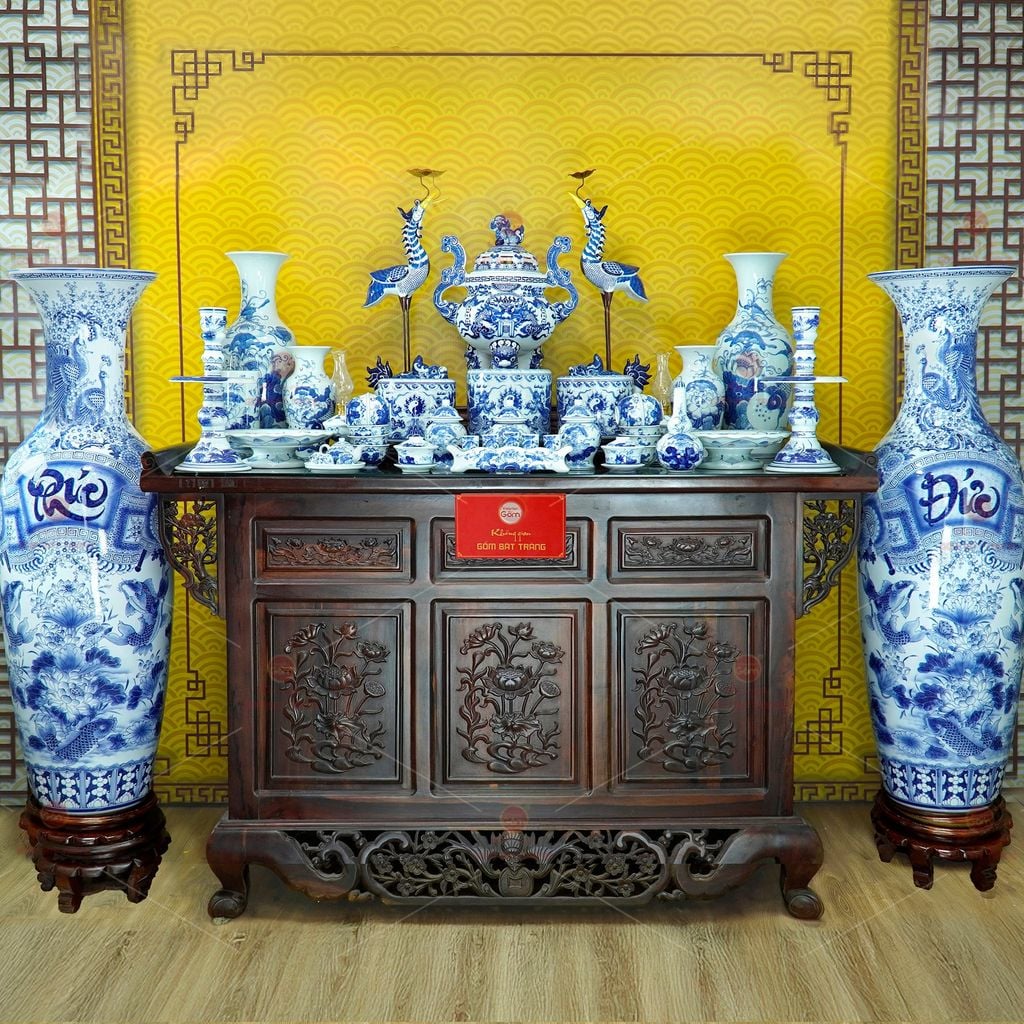 Bộ Đồ Thờ Gia Tiên (Hào Gia 34 Món) Men Lam