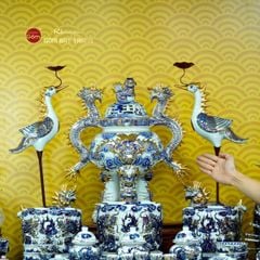 Bộ Đồ Thờ Gia Tiên (Hào Gia 29 Món) Men Lam Nổi Vẽ Vàng