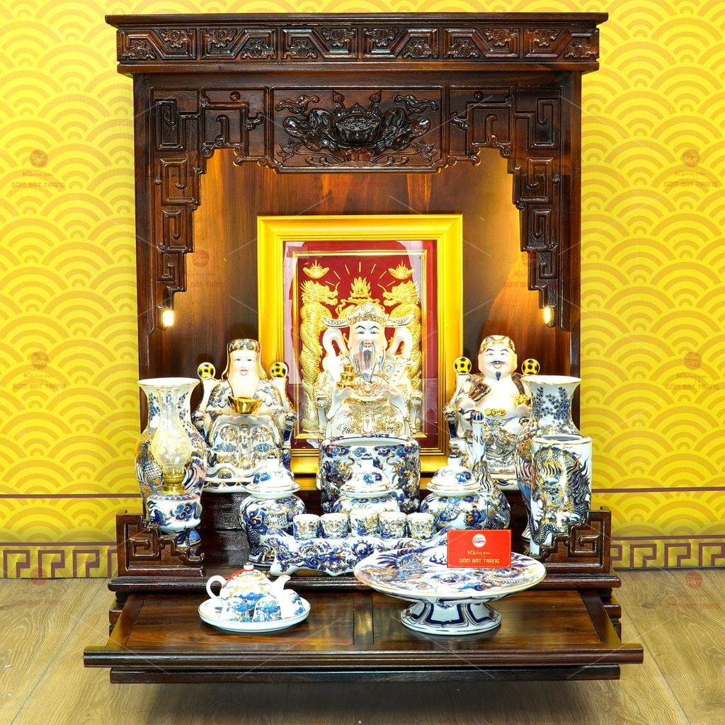 Bộ Đồ Thờ Thần Tài Thổ Địa (Hào Gia 14 Món) Men Lam Nổi Vẽ Vàng