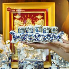 Bộ Đồ Thờ Thần Tài Thổ Địa (Hào Gia 14 Món) Men Lam Nổi Vẽ Vàng