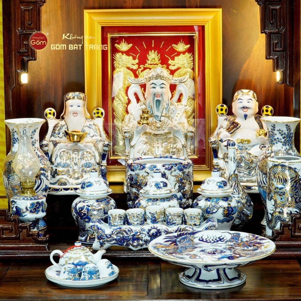 Bộ Đồ Thờ Thần Tài Thổ Địa (Hào Gia 14 Món) Men Lam Nổi Vẽ Vàng