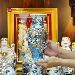 Bộ Đồ Thờ Thần Tài Thổ Địa (Hào Gia 14 Món) Men Lam Nổi Vẽ Vàng