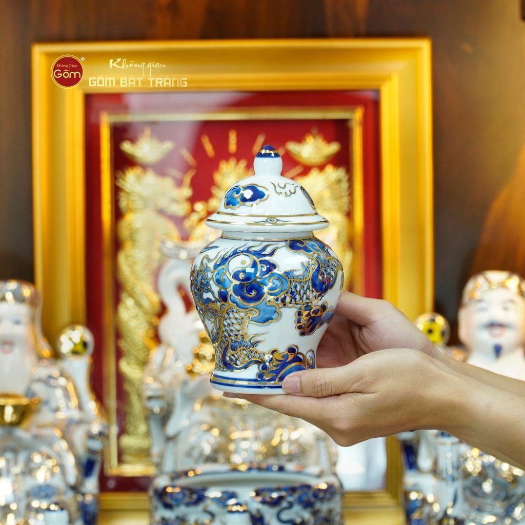 Bộ Đồ Thờ Thần Tài Thổ Địa (Hào Gia 14 Món) Men Lam Nổi Vẽ Vàng