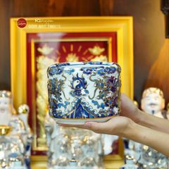 Bộ Đồ Thờ Thần Tài Thổ Địa (Hào Gia 14 Món) Men Lam Nổi Vẽ Vàng