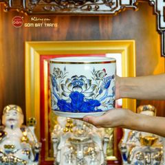 Bộ Đồ Thờ Thần Tài Thổ Địa (Hào Gia 14 Món) Men Lam Vẽ Vàng