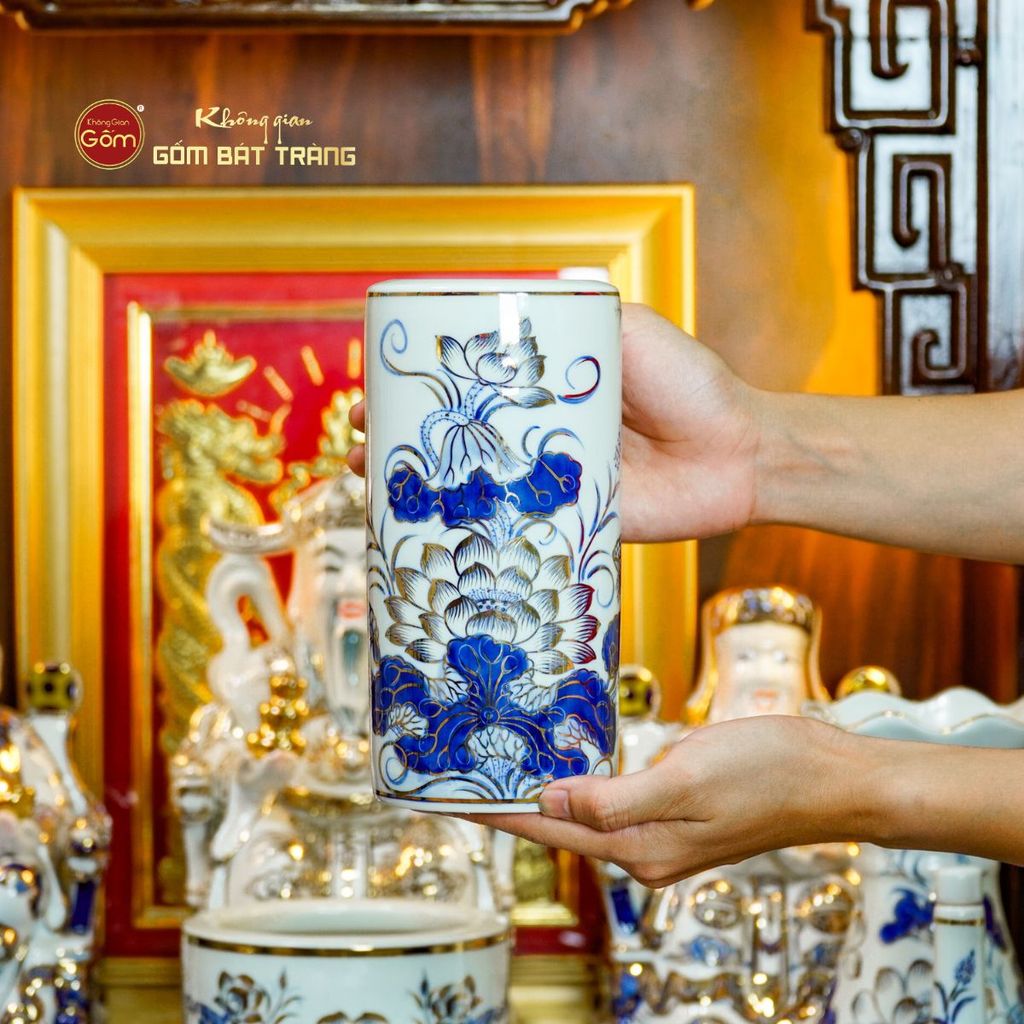 Bộ Đồ Thờ Thần Tài Thổ Địa (Hào Gia 14 Món) Men Lam Vẽ Vàng