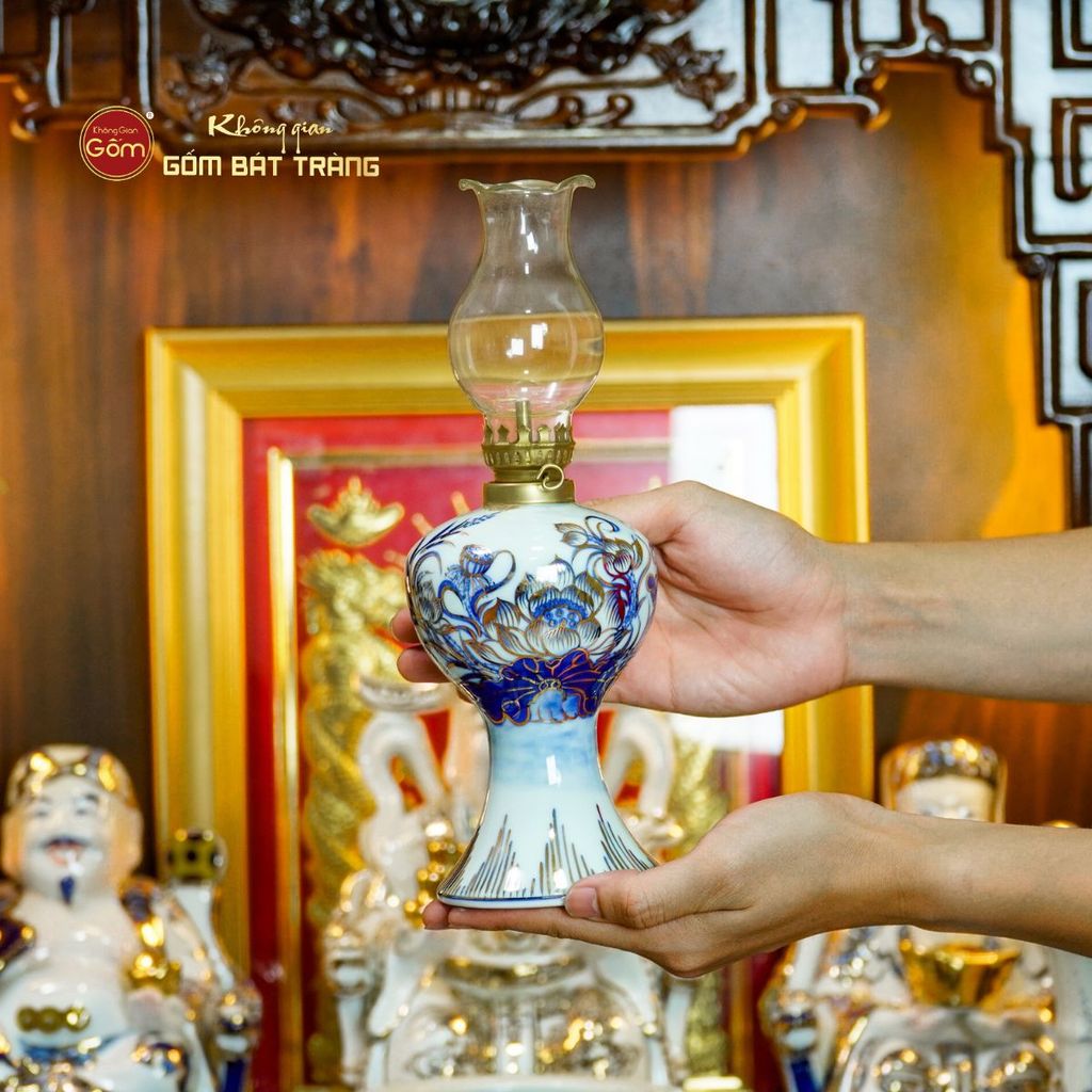 Bộ Đồ Thờ Thần Tài Thổ Địa (Hào Gia 14 Món) Men Lam Vẽ Vàng