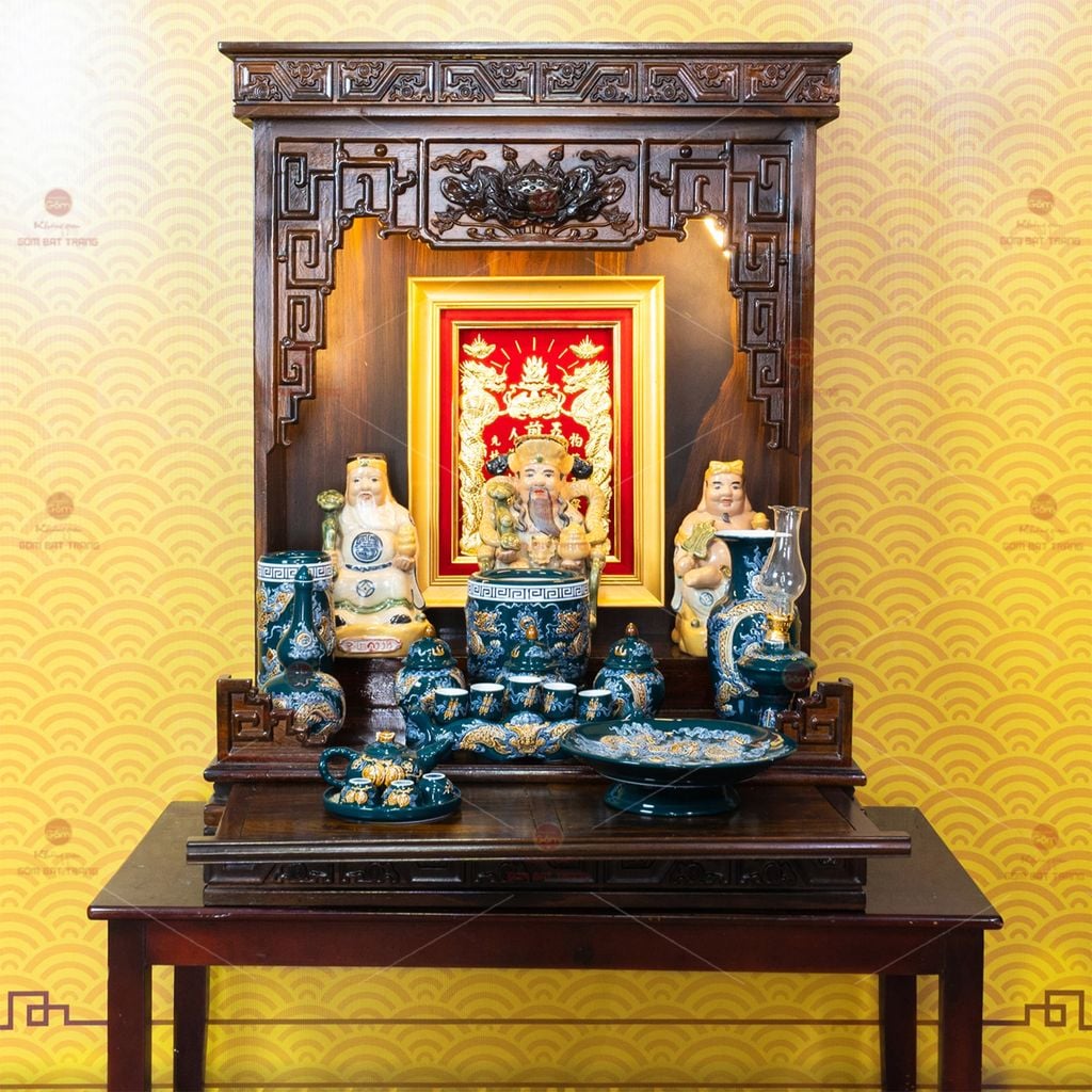 Bộ Đồ Thờ Thần Tài Thổ Địa (Hào Gia 14 Món) Men Lục