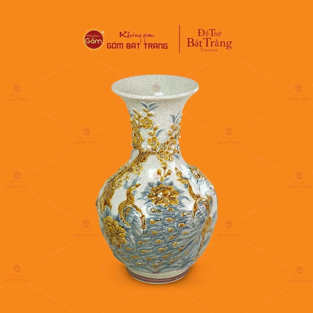 Tỏi Bình Men Rạn Đắp Nổi Họa Tiết Công Đào