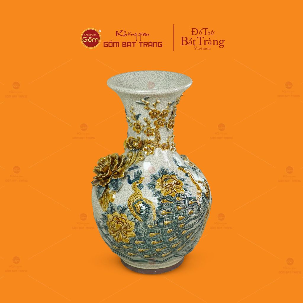 Tỏi Bình Men Rạn Đắp Nổi Họa Tiết Công Đào Hoa