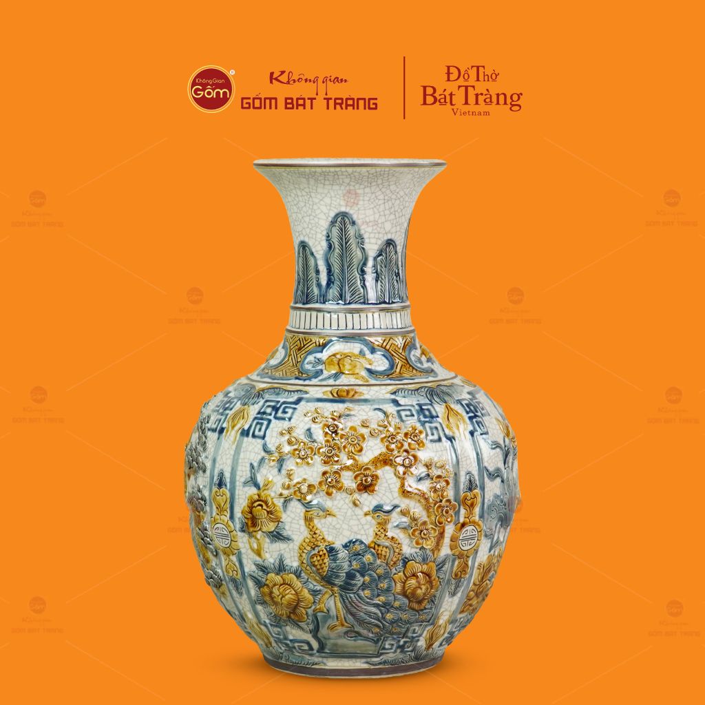 Tỏi Bình Men Rạn Đắp Nổi Họa Tiết Tứ Cảnh