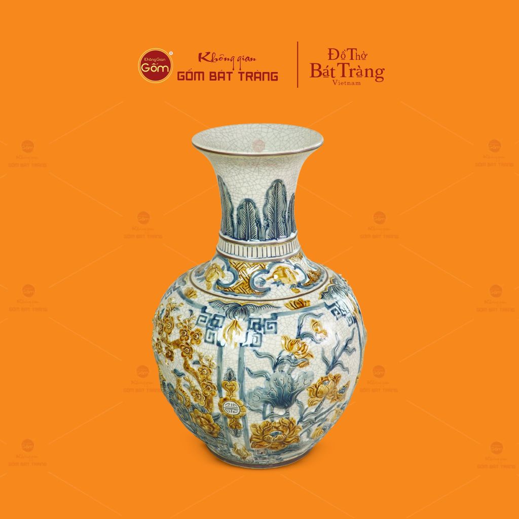 Tỏi Bình Men Rạn Đắp Nổi Họa Tiết Tứ Cảnh