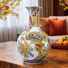 Tỏi Bình Vẽ Vàng Song Phụng Triều Phúc Tứ Hoa Phú Quý