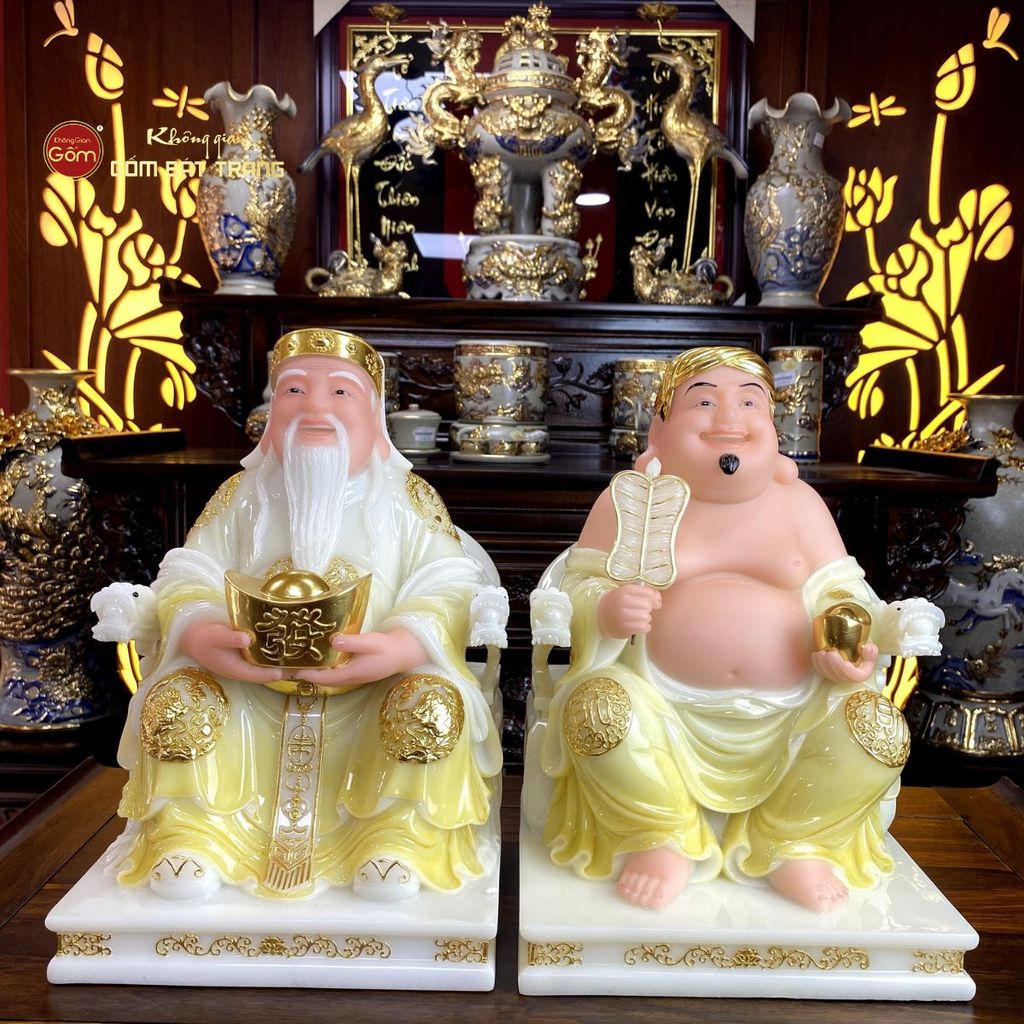 Bộ Tượng Thần Tài Thổ Địa Ghế Rồng Màu Vàng Phú Quý