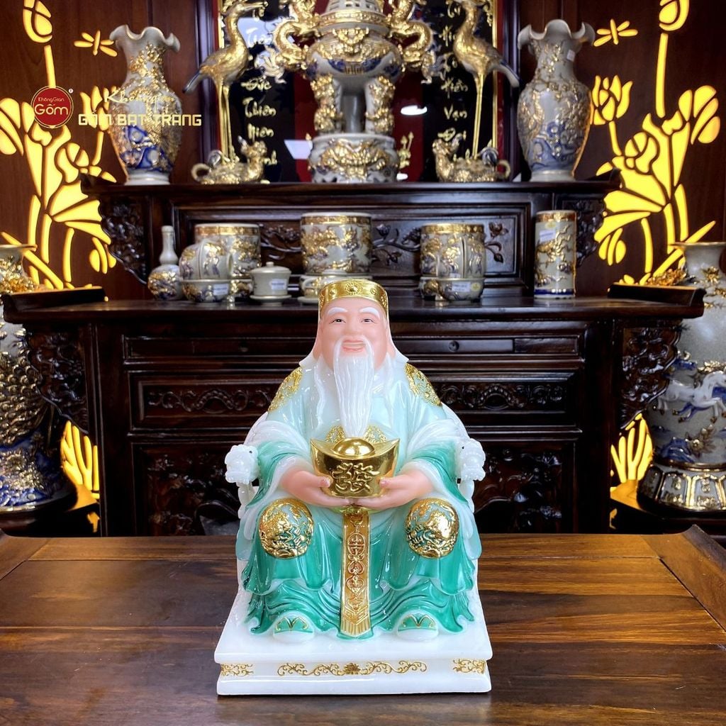 Bộ Tượng Thần Tài Thổ Địa Ghế Rồng Màu Lục Bảo