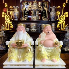 Bộ Tượng Thần Tài Thổ Địa Ghế Rồng Màu Thạch Anh Vàng