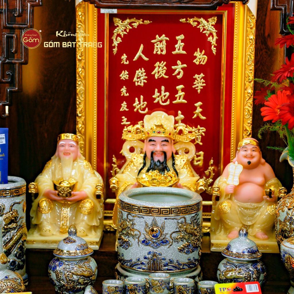 Bộ Tượng Thần Tài Thổ Địa Ghế Rồng Màu Thạch Anh Vàng