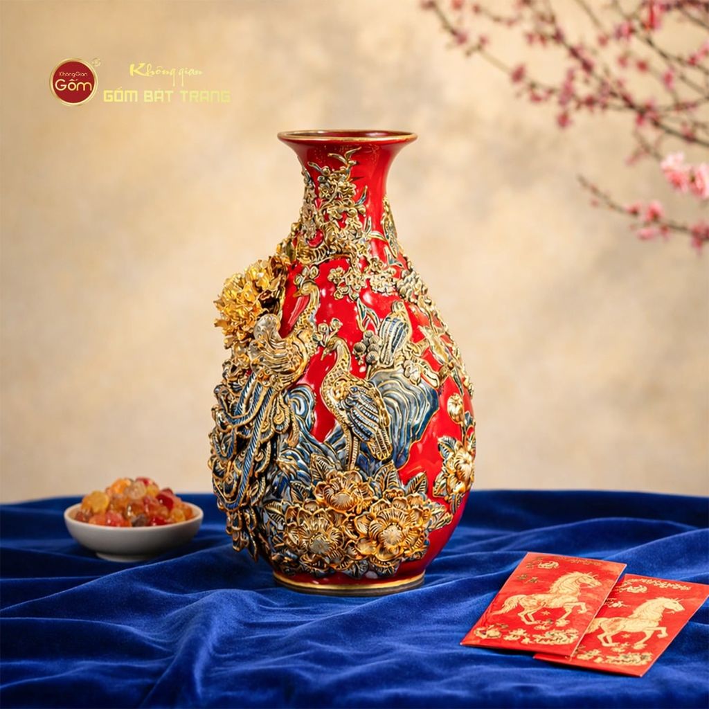 Tỳ Bà Men Đỏ Đắp Nổi Vẽ Vàng Công Đào