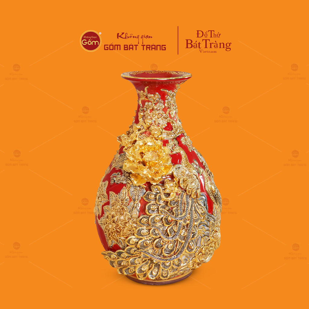 Tỳ Bà Men Đỏ Đắp Nổi Vẽ Vàng Công Đào