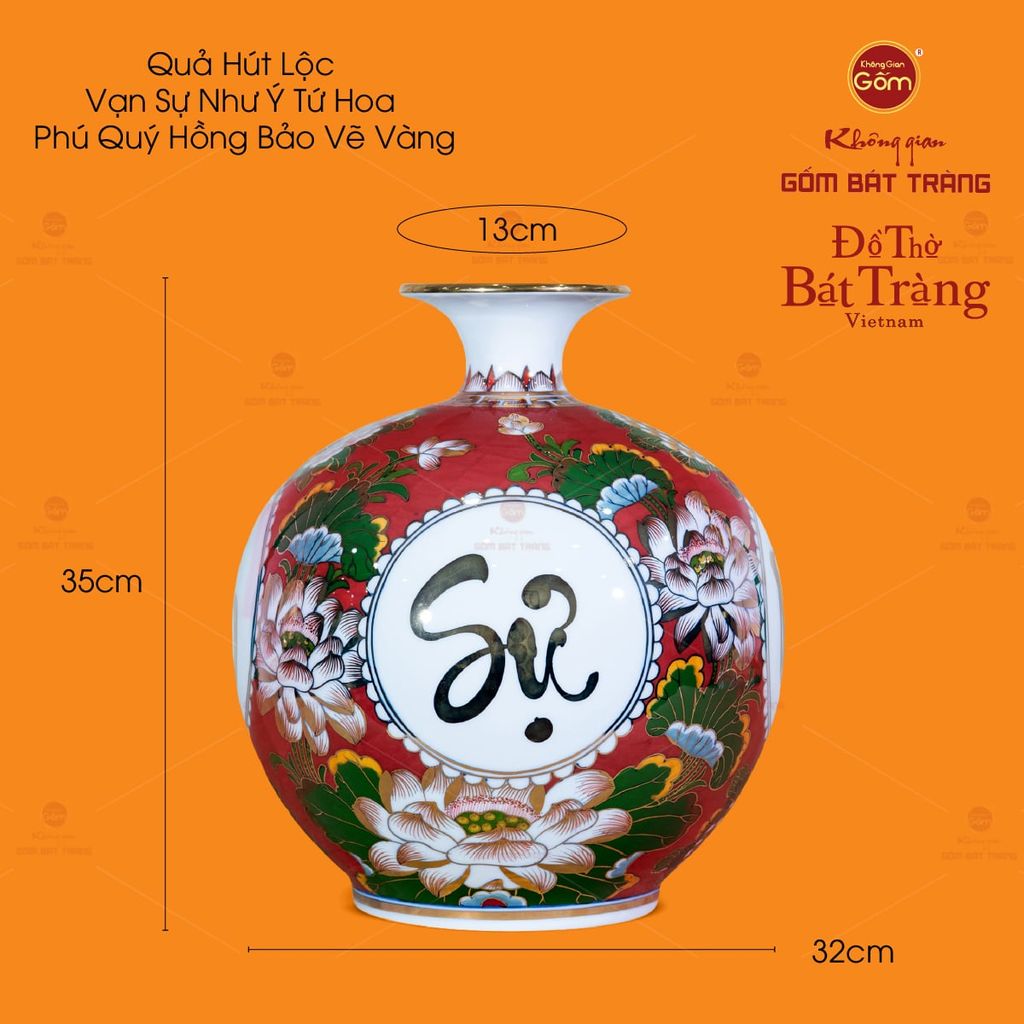 Bình Hút Lộc Vạn Sự Như Ý Tứ Hoa Phú Quý Hồng Bảo Vẽ Vàng
