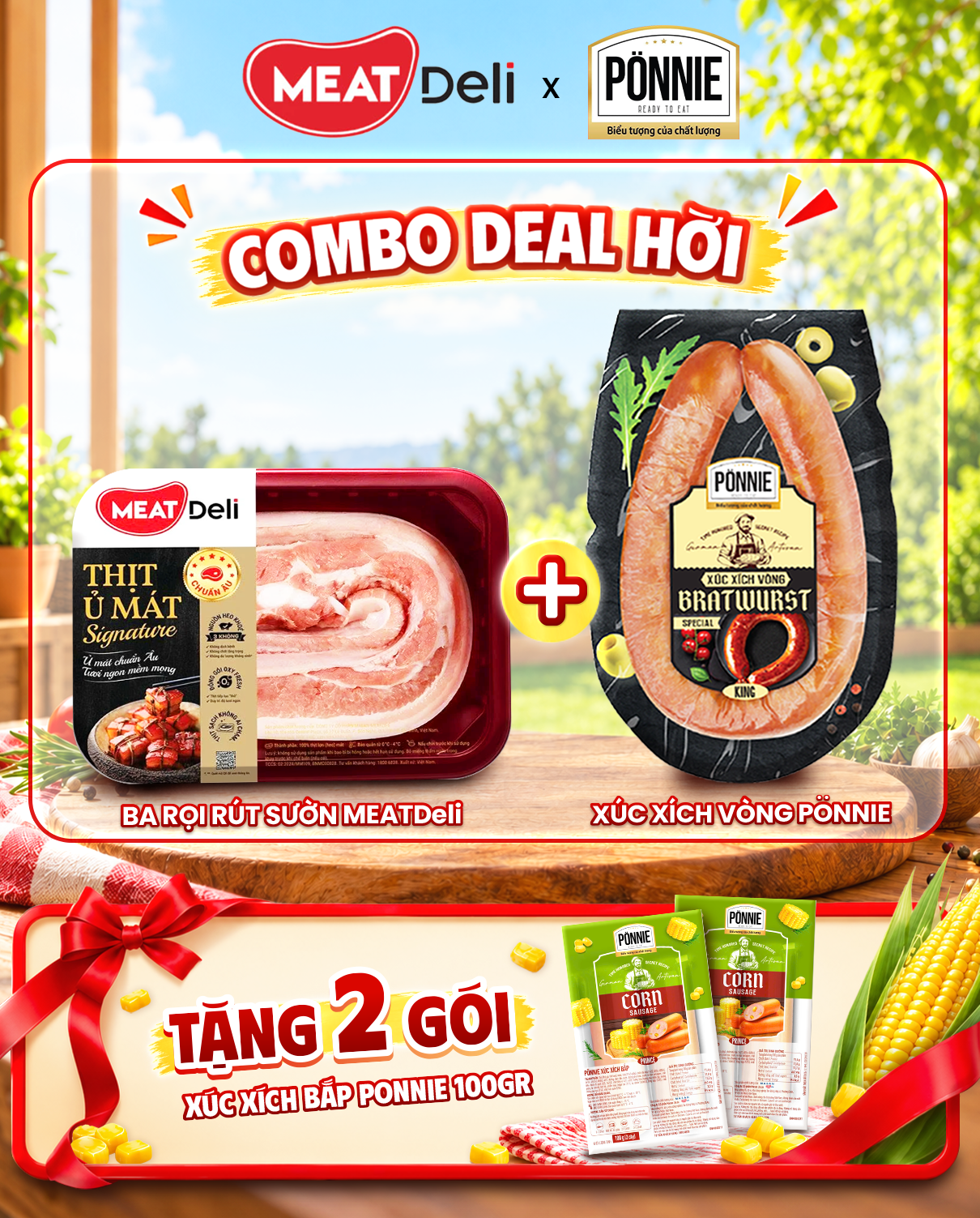  Combo Ba rọi rút sườn MEATDeli + Xúc xích vòng Ponnie TẶNG 2 XÚC XÍCH BẮP PONNIE 100GR 