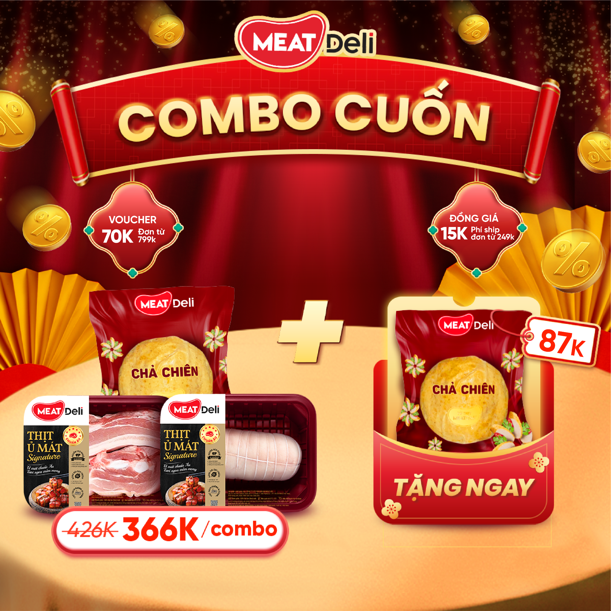  Combo Cuốn: Bắp giò heo cuộn, Ba rọi đặc biệt, Chả chiên 300gr, tặng ngay Chả chiên 300gr 