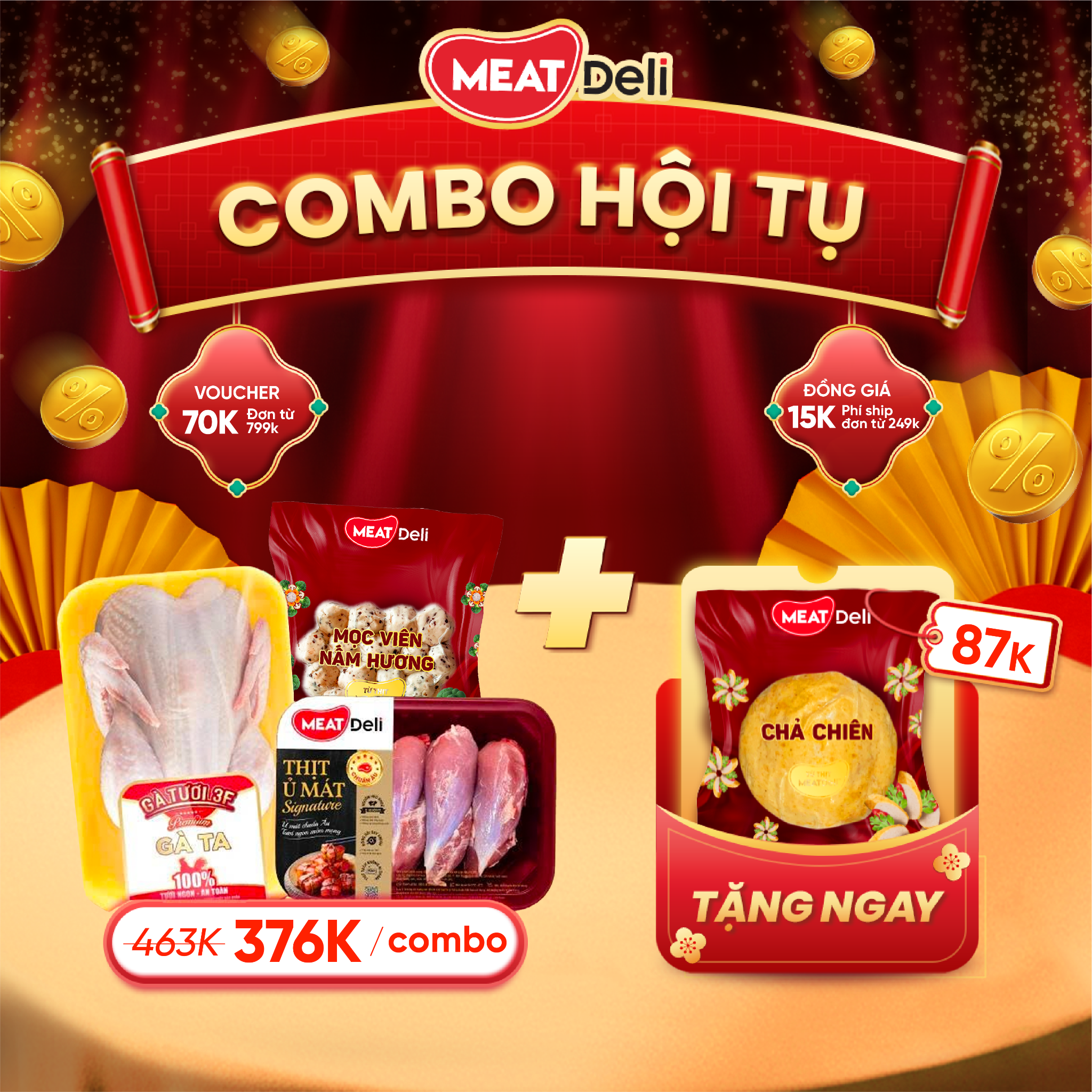 Combo Hội tụ: Gà nguyên con 3F; Mọc viên nấm hương, Bắp hoa heo, tặng ngay Chả chiên 300gr 