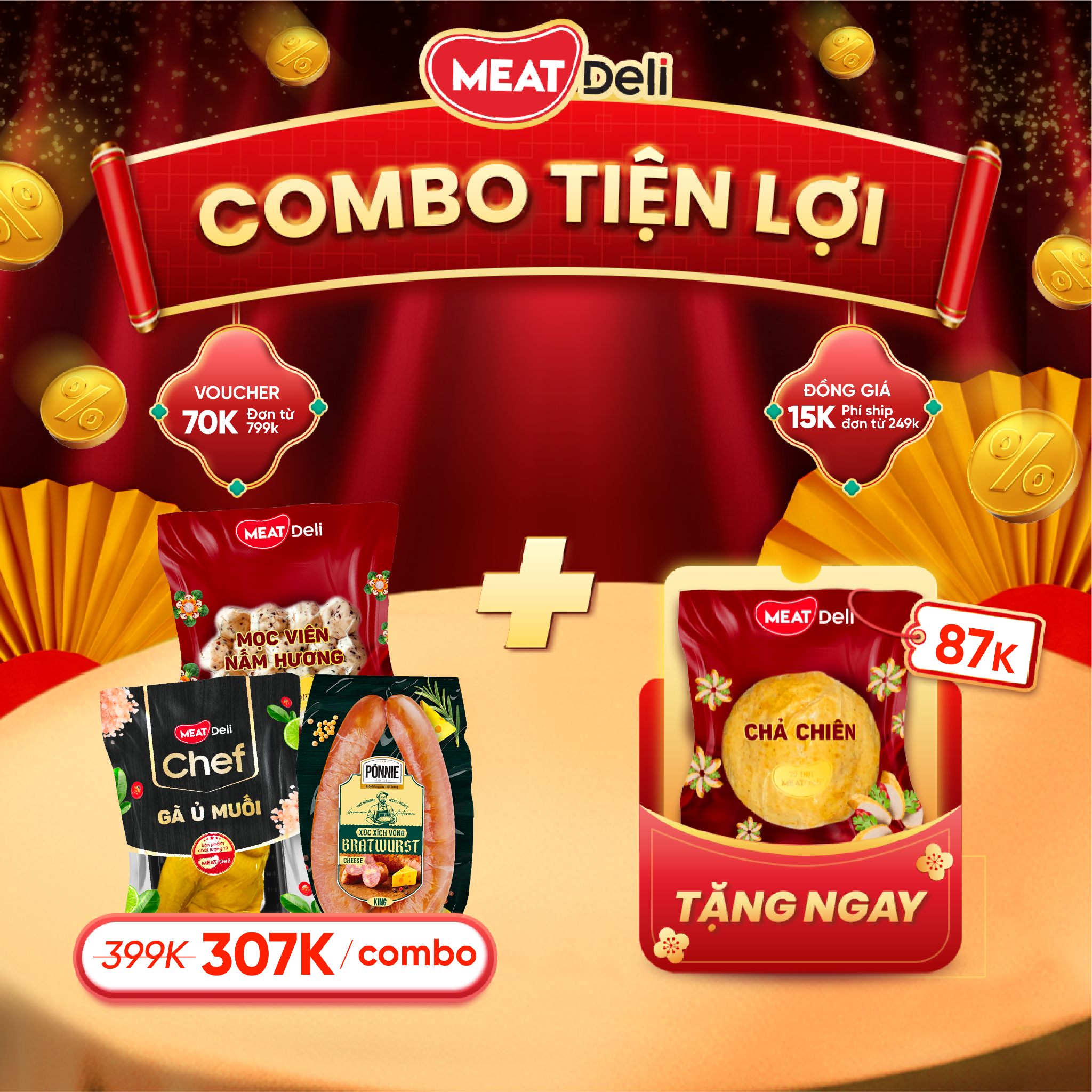  Combo Tiện lợi: Gà ủ muối, Xúc xích vòng Ponnie phô mai, Mọc viên nấm hương, tặng ngay Chả chiên 