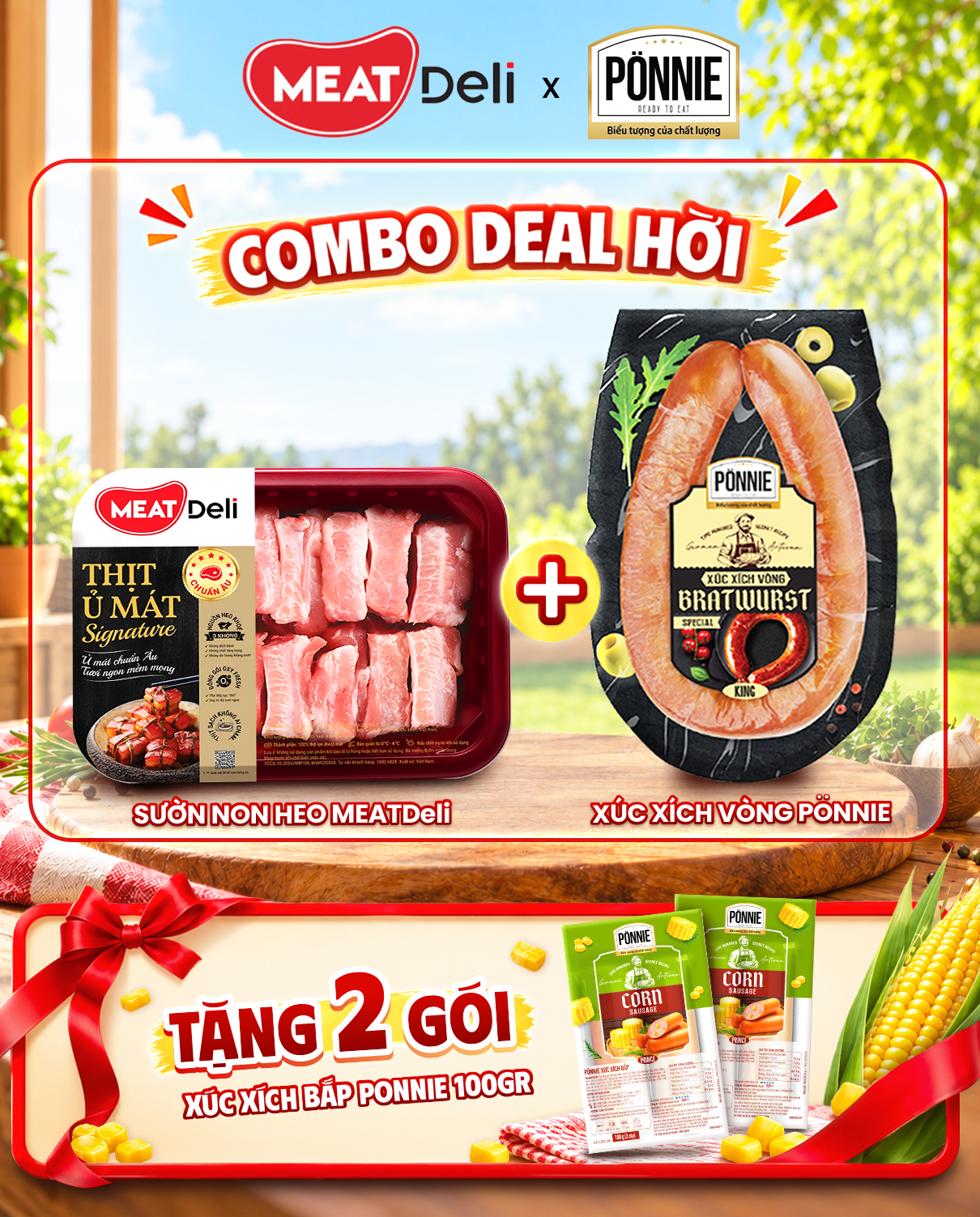  Combo Sườn non MEATDeli + Xúc xích vòng Ponnie TẶNG 2 XÚC XÍCH BẮP PONNIE 100GR 