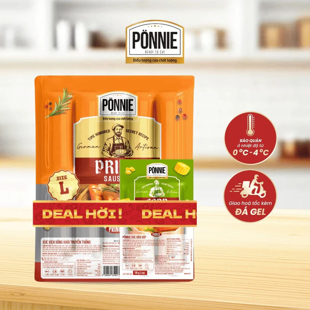  Xúc xích thanh trùng Ponnie xông khói truyền thống 10cây x 50gr (tặng 2 XX thanh trùng Ponnie bắp) 