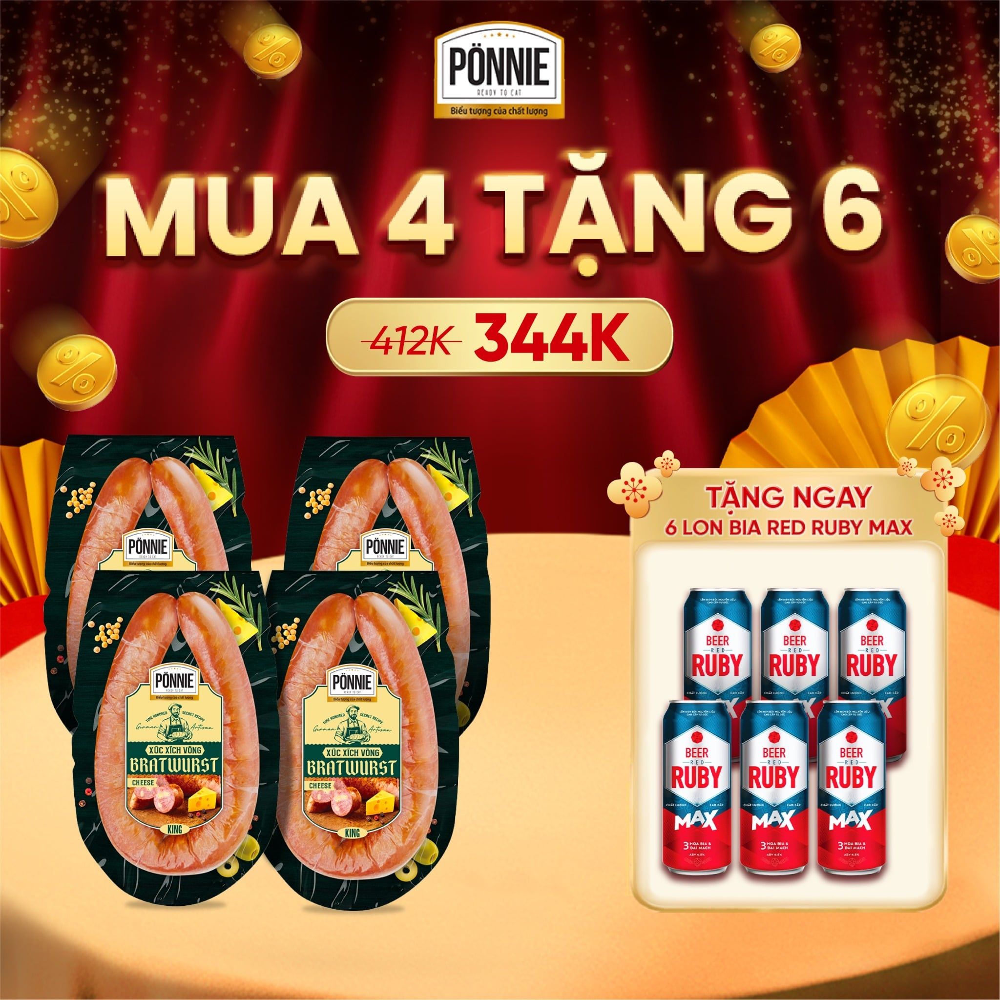  [COMBO 4] - Xúc xích thanh trùng Ponnie Super Premium vòng xông khói vị Cheese 200gr 