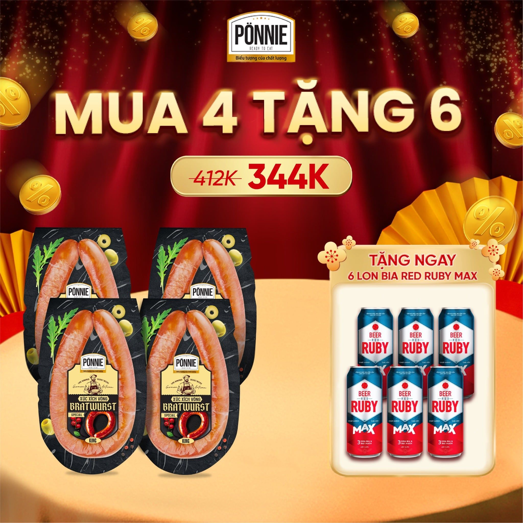  [COMBO 4] - Xúc xích thanh trùng Ponnie Super Premium vòng xông khói 200gr 