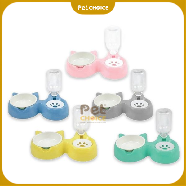 Bát ăn hai ngăn hình tai mèo kèm chén nhựa và bình uống tự động cho chó mèo