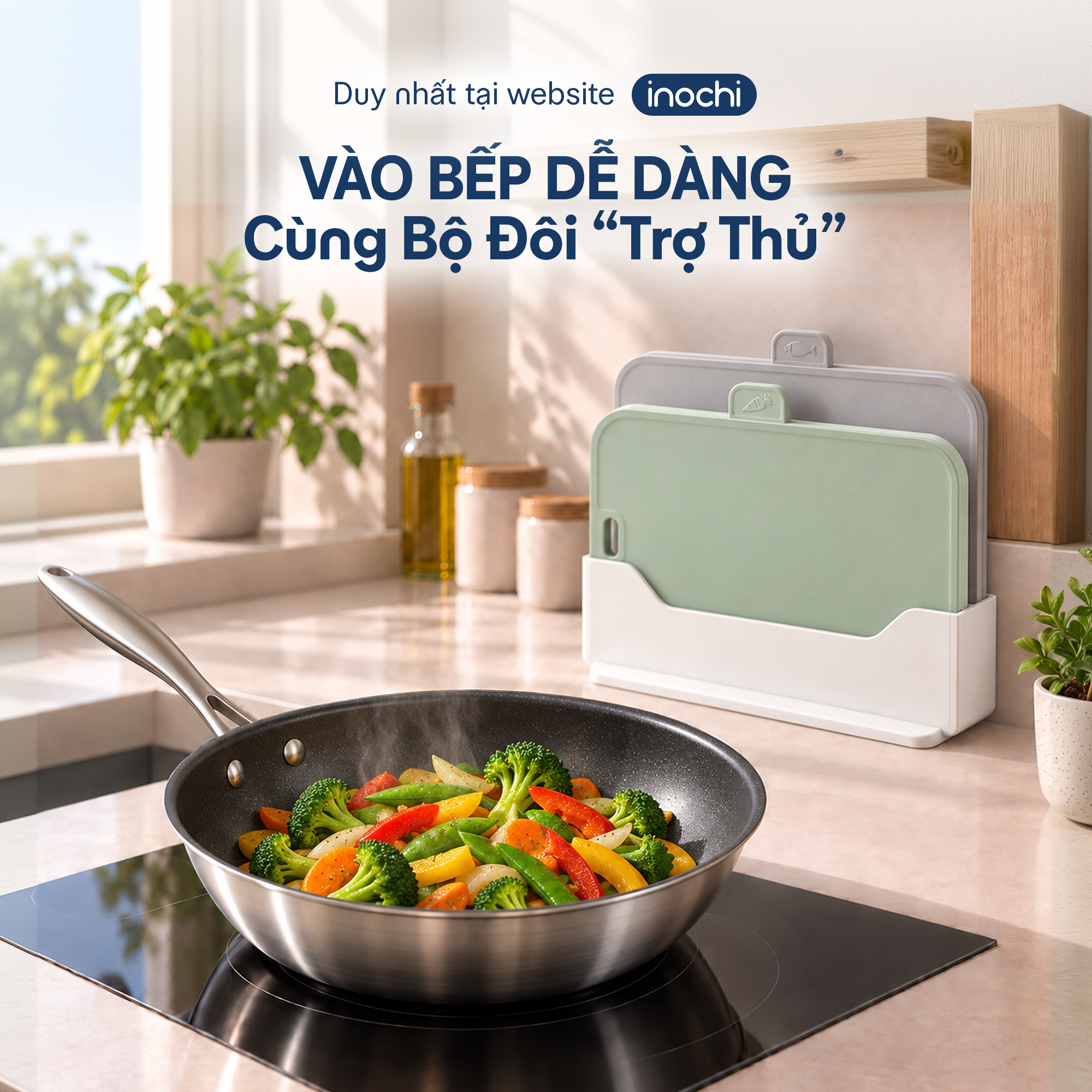 Combo Trợ thủ nhà bếp 3: Chảo Inox chống dính nguyên khối Omi Essential 24cm và Bộ 2 thớt đa năng Yoko - 1