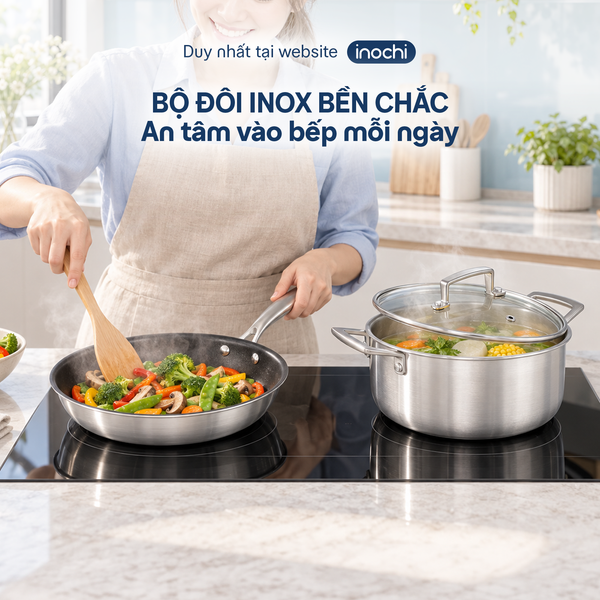  Combo Chảo Inox chống dính nguyên khối Omi Essential 24cm và Nồi Inox nguyên khối Omi Gourmet 24cm 