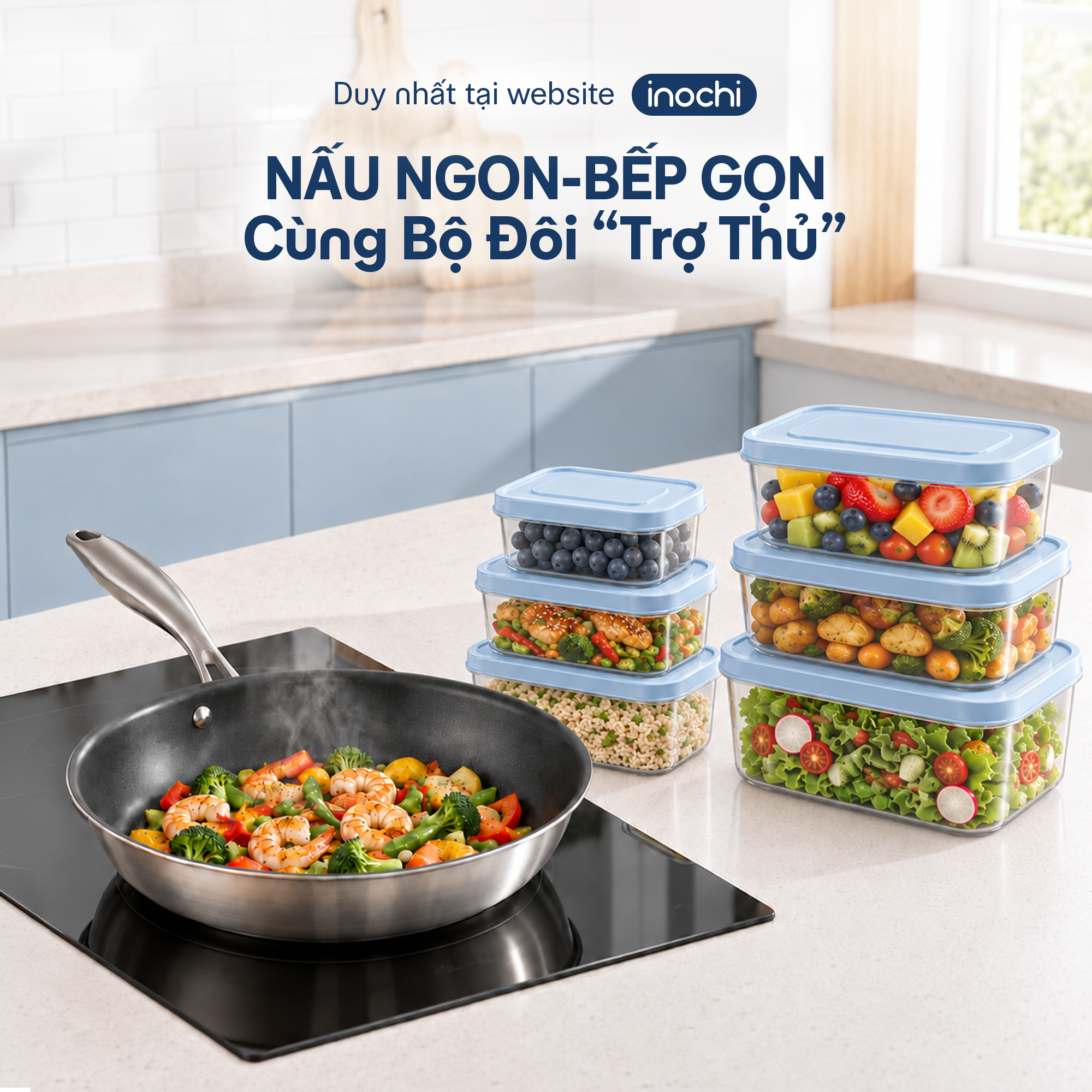 Combo Trợ thủ nhà bếp 2: Chảo Inox chống dính nguyên khối Omi Essential 24cm và Bộ 6 hộp thực phẩm chữ nhật - 1