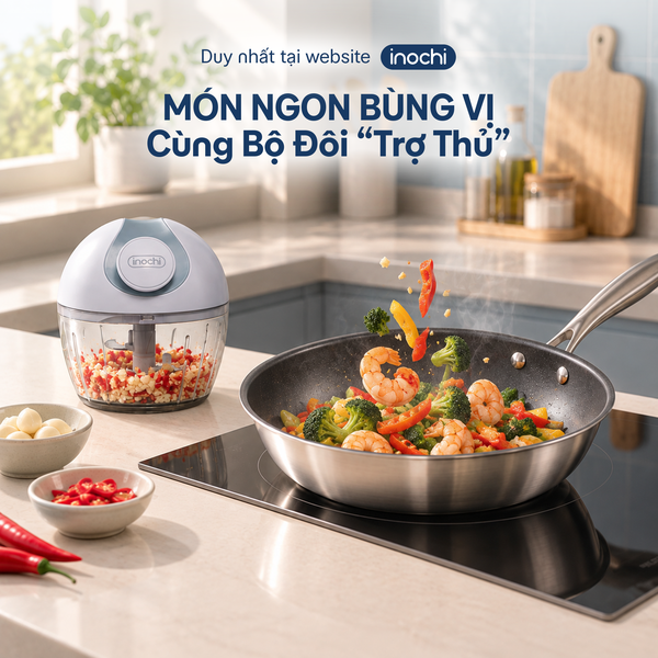  Combo Trợ thủ nhà bếp 1: Chảo Inox chống dính nguyên khối Omi Essential 24cm và Dụng cụ xay tỏi ớt Yoko 210ml 