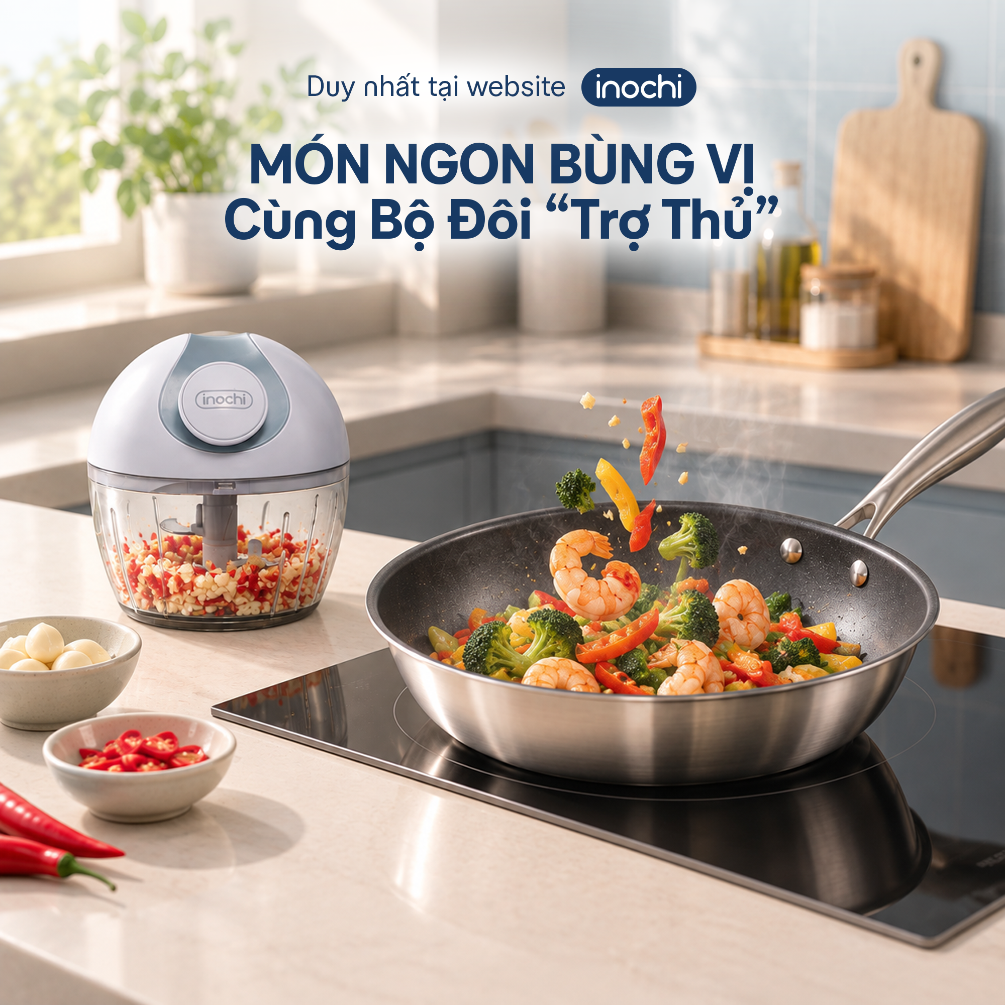 Combo Trợ thủ nhà bếp 1: Chảo Inox chống dính nguyên khối Omi Essential 24cm và Dụng cụ xay tỏi ớt Yoko 210ml - 1