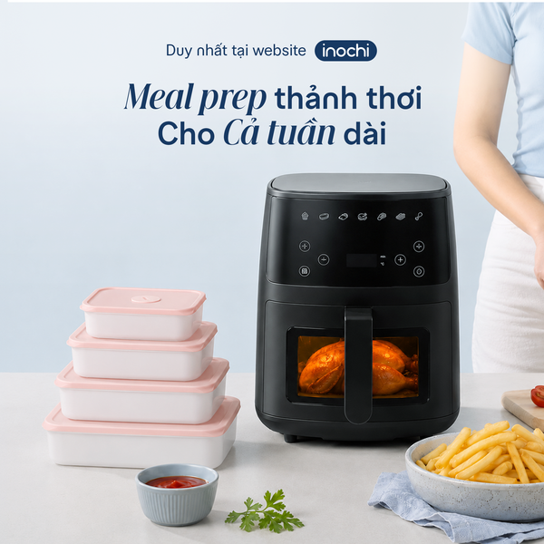  Combo Meal Prep Cả Tuần – Nồi chiên không dầu 5L Akiba và Bộ 4 hộp thực phẩm trữ đông 290-600-1700-3600ml 