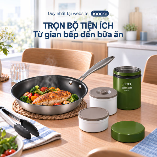  Combo Chảo Inox chống dính nguyên khối Omi Essential - 24cm và Hộp cơm giữ nhiệt VCM L.BOX HLB 800ml 