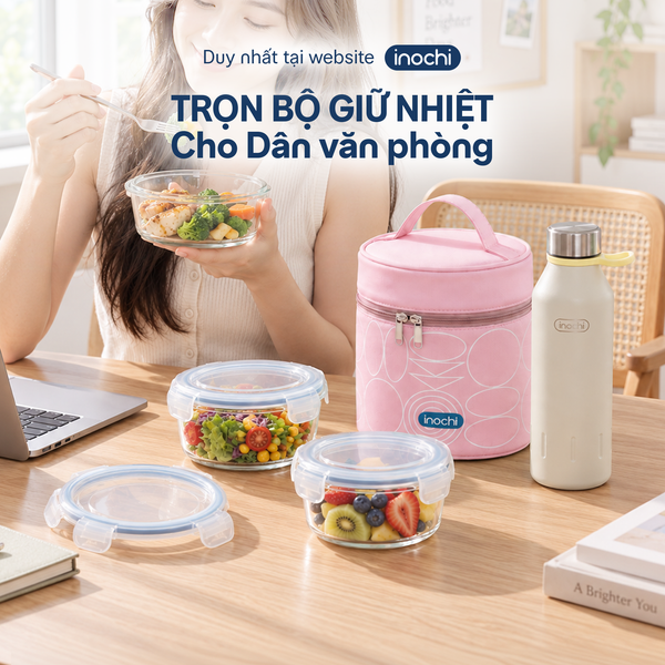  Combo Mang Cơm Đi Làm: Bộ hộp thuỷ tinh Nikko kèm túi giữ nhiệt Yoshino và Bình giữ nhiệt Fuji Gleam 500ml 