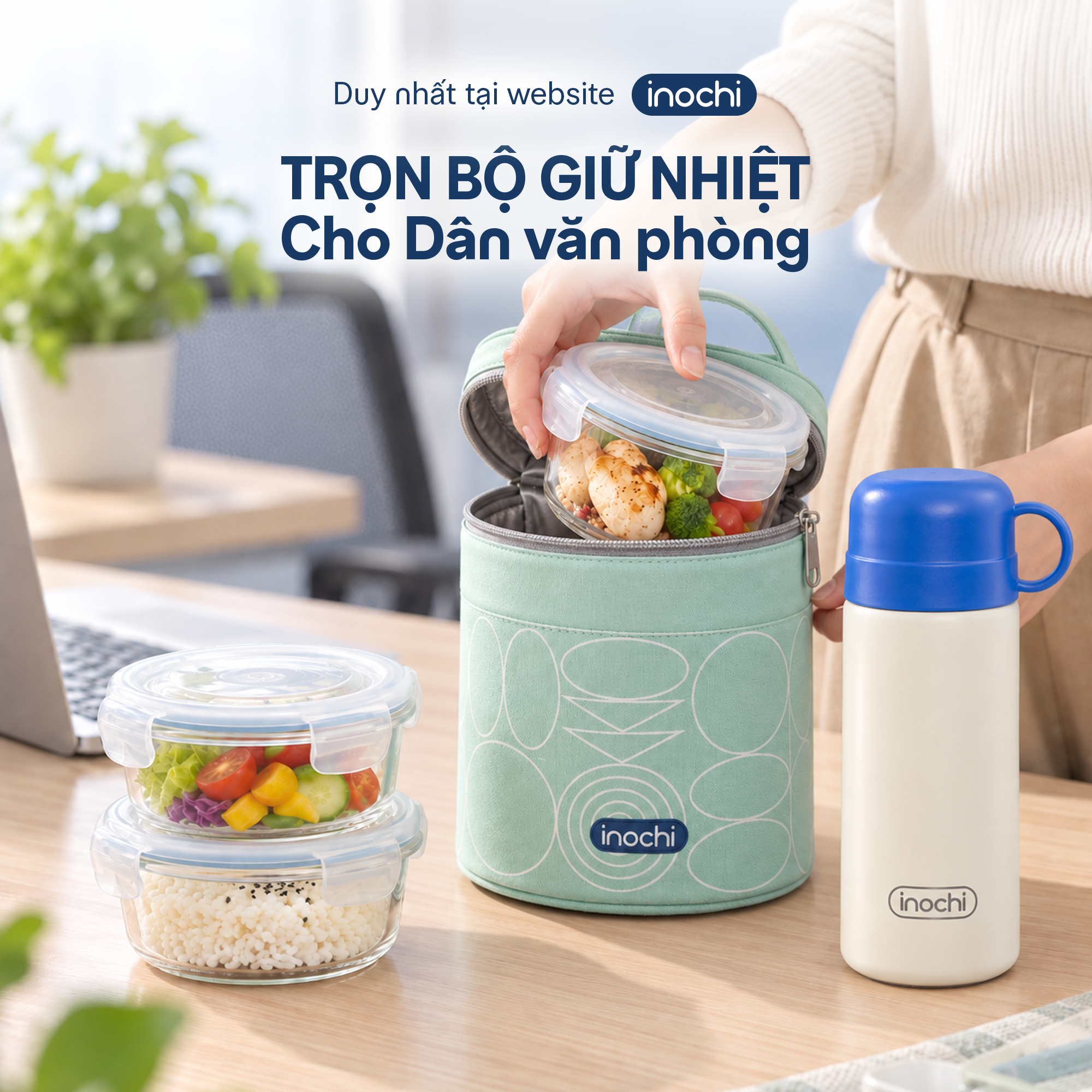 Combo Mang Cơm Đi Làm: Bộ hộp thuỷ tinh Nikko kèm túi giữ nhiệt Yoshino và Bình giữ nhiệt Fuji Jolly 450ml - 1